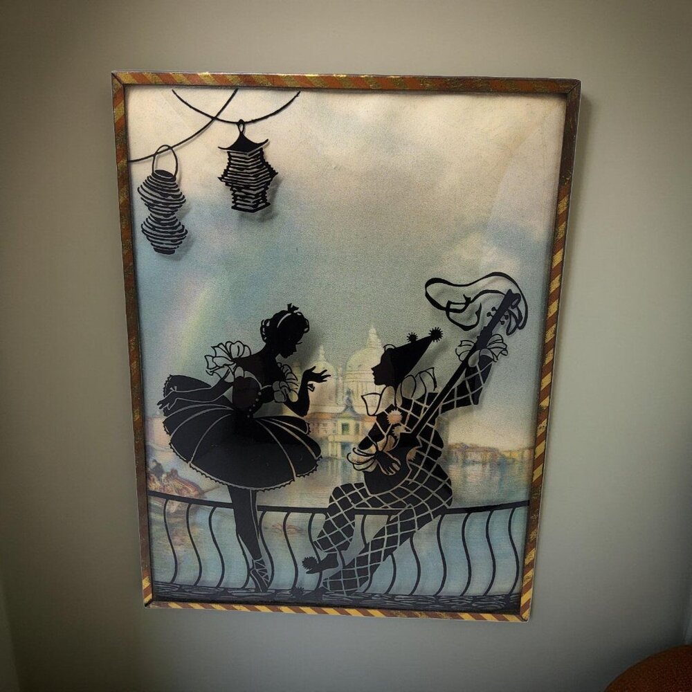 Circa 1930's SILHOUETTE Venetian MASQUERADE Party on Convex Glass Framed